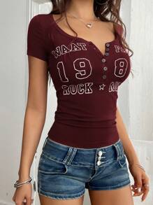 Vaiaye Women's Summer 90S Retro Button-Front Letter Print Short Sleeve Preppy Y2K Slim Fit T-Shirt Graphic Tees Women Tops For Spring Outfit - Đỏ - Xem 9