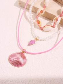 3pcs/Set Pink Starfish & Shell Beaded Necklace, Beach Vacation Style Women Jewelry - Multicolor J - View 2