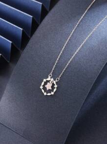 1pc S925 Sterling Silver Pentagram Flower Wreath Niche Design Delicate Sweet Choker Necklace With Cubic Zirconia, Versatile Gift For Women - Silver - View 3