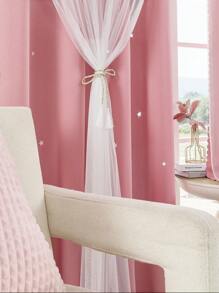1pc Hollow Star Double Layer Voile Curtain, Top Ring, Cute Hollow Star Sheer Curtain, Suitable For Bedroom Blackout Curtain, Living Room Curtain, Themed Room Curtain And Holiday Party Decor