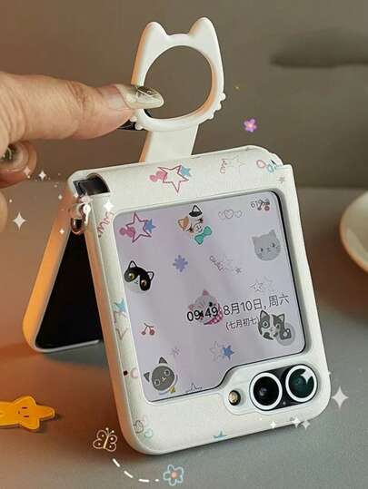 1pc Foldable Cat Ring Phone Case, Compatible With Samsung Z Flip6/Z Flip5/Z Flip4 Waterproof Shockproof Anti-Fall Scratch Resistant