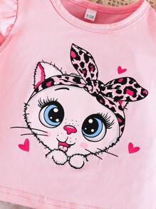 2 pièces/set Débardeur à manches courtes avec imprimé chat et cœur et pantalon imprimé léopard pour bébé fille, tenue d'été