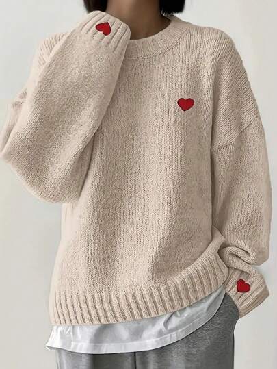 Women's Round Neck Valentine's Day Heart-Shaped Pattern Drop Shoulder Sweater, Versatile Round Neck Long Sleeve Pullover Sweater, Elegant Design, Soft And Breathable, Suitable For Autumn And Winter Wear - Suitable For Daily Wear