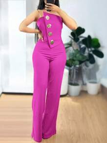 ChicMe 不对称抹胸露肩连体裤金属纽扣装饰休闲工装裤