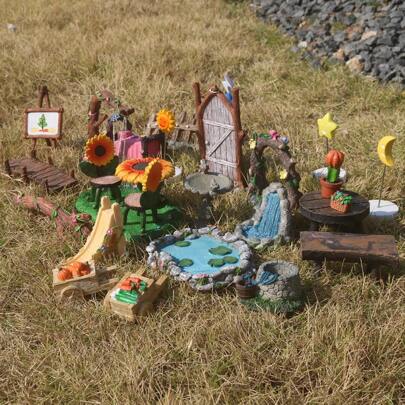 微型仙女花园配件 树脂秋千滑梯桥门窗桌椅长凳套件池塘草坪拱门鸟浴池瀑布水井仙女床栅栏微型雕像微型家具套装适用于仙女花园娃娃屋微型 DIY 装饰花盆景观花盆花盆迷你装饰童话项目后院布置村庄装饰品户外