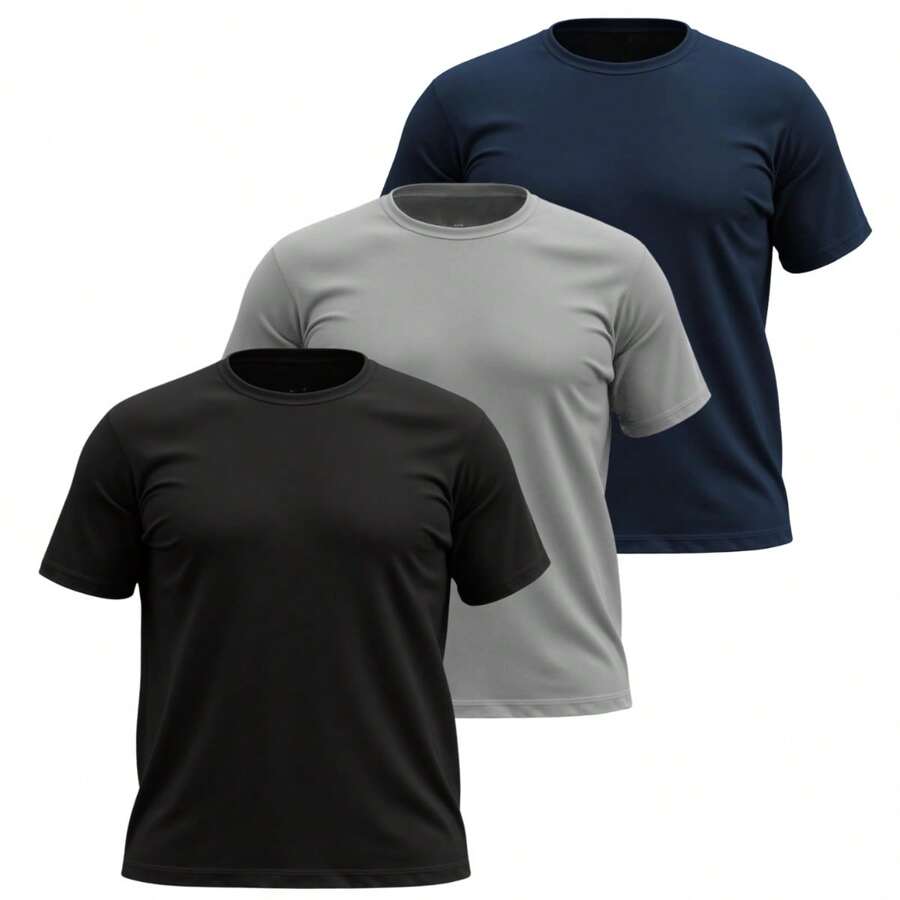 Kit 03 Men's Plus Size Basic Plain T-Shirt 100% Cotton Short Sleeve - Blue - View 1