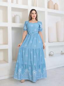 Victoria Long Crepe Printed Dress With Belt, Short Sleeves - 淺藍色 - 查看 1