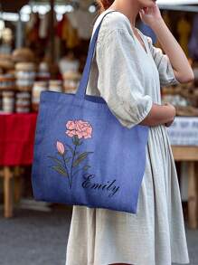 1pc Customized Birthday Flower Text Personalized Canvas Tote Bag, Denim Bag, Large Capacity Shoulder Bag, Casual Canvas Bag For Women, Suitable For Commuting, Shopping, Travel, Dating, Back To School, Gift For Friends, Teachers' Day, Birthday, Anniversary
