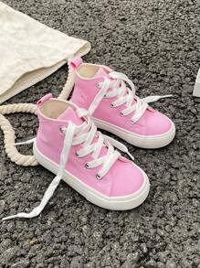 OPOEE White Canvas Shoes Baby Sneakers Mid Cut Casual Shoes Children Lace Up Vulcanized Shoes Spring Autumn Korean Style Minimalist Boys Girls Classic High Top Canvas Shoes Unisex Kids Skateboard Sneakers - Baby Pink - View 3