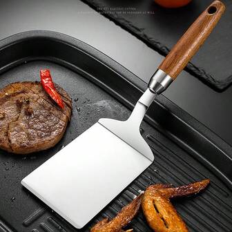 1/2pcs Stainless Steel Multipurpose Kitchen Spatula With Pear Wood Handle, Suitable For Steak, Eggs, Pizza Cooking In Skillet, Kitchenware, Dishwasher Friendly, For Home And Restaurant Use