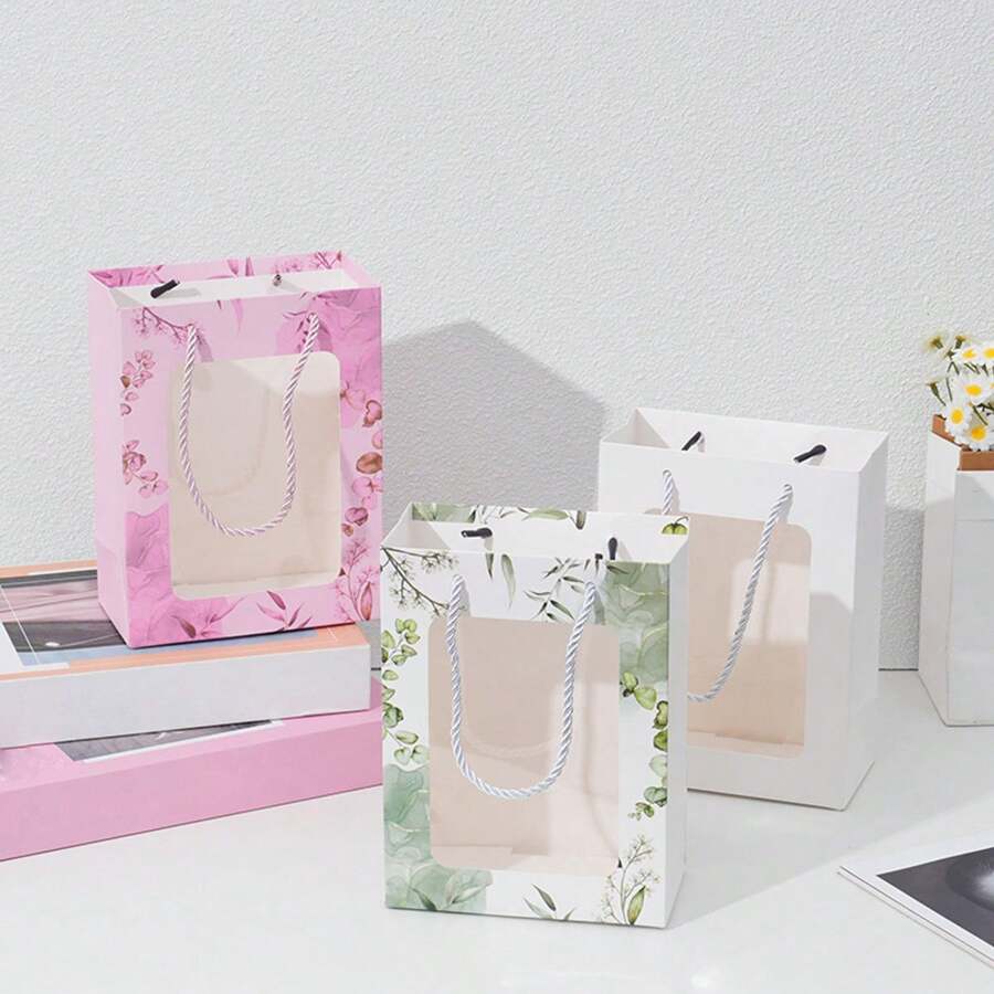 2 件透明展示窗手提袋、节日派对鲜花礼品包装袋、贸易展礼品袋、带开窗的毛绒娃娃礼品袋