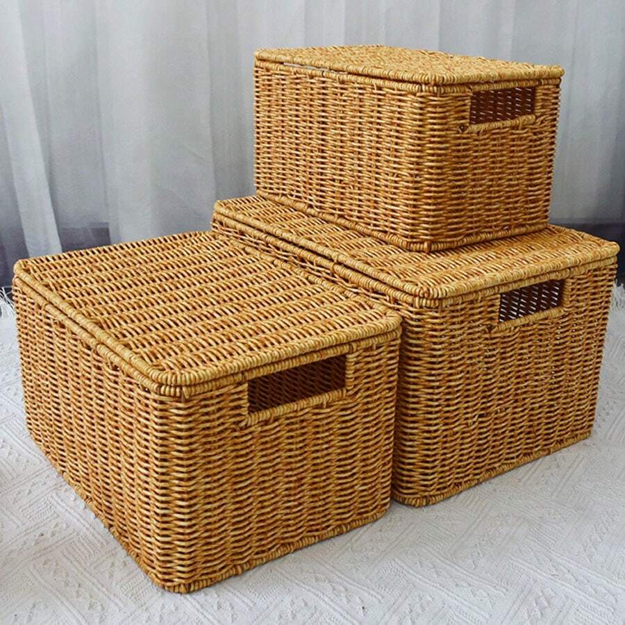 1 pièce Panier de rangement style rotin, boîte de rangement pour la maison pour l'organisation des vêtements, le salon, la chambre à coucher, la décoration de la cuisine et le rangement des collations, jouets etc.