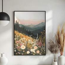 1 件野花风景画、山地日落印刷品、中世纪现代壁画、波西米亚艺术花卉帆布海报、春季客厅装饰无框 - 彩色 - 查看 2