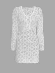 Women's V-Neck Sheer Mesh Hollow Out Tie-Knot Button Crochet Long Sleeve Cover Up, Sexy Solid Fitted Mini Knit Beach Bikini Dress, Spring/Autumn - White - View 6