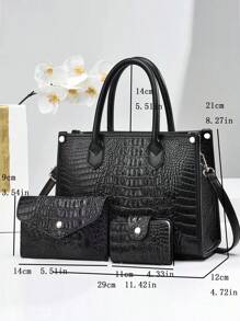 3-Piece Set: Crocodile Pattern Faux Leather Luxury Handbag, Elegant Large Capacity Fashion Handbag, Includes Shoulder Bag And Clutch. Suitable For Travel, Shopping, Commuting. New Stylish Women's Tote, Shoulder, Cross-Body Bag, Versatile & Spacious For Back To School Season