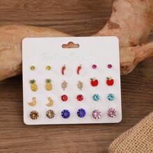 12-24 对/包极简主义珐琅水果形合金耳钉套装，优雅的设计适合日常佩戴和送礼，欧美风格 - 彩色水鑽 - 查看 4