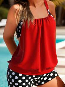 Women Polka Dot Print Hollow Design Adjustable Strap Hipster Bottom Casual Backless Tankini Swimwear Set Summer - Red - View 1