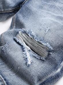 欧美风男士亮钢蓝色胡须印花修身直筒中长牛仔短裤，emo 风格 - 淺色水洗藍 - 查看 3