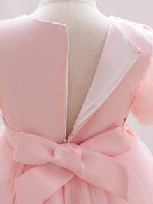 H HIBOBI Girls 3D Pearl Floral Decor Party Dress, Short Sleeve Birthday Tulle Puffy Skirt