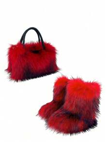 New Winter Faux Fur Boots With Matching Fuzzy Handbag Bucket Bag, Warm Snow Boots And Large Capacity Tote Set For Women