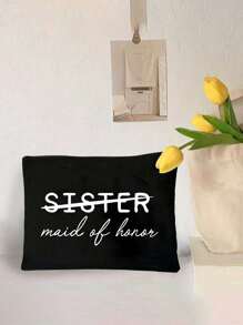 姐妹伴娘伴娘主题印花拉链化妆包，百搭黑白麻布化妆包，婚礼旅行洗漱用品收纳包，便携化妆包，多功能包，旅行化妆包，花朵字母图案拉链收纳包