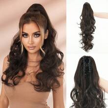 7JHH WIGS 28 Inch Long Curly Wavy Claw Clip Ponytail Wig, Black & Brown, Synthetic Heat Resistant Clip-In Ponytail Hair Extensions For Women, Suitable For Daily Wear & Party - 黑棕色 - 查看 9
