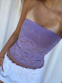 Women's Summer Sheer Lace Floral Off Shoulder Backless Slim Crop Tube Tops  Soft Top For Street  Party - 紫色 - 查看 6