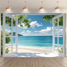 1pc Coastal Style Hawaiian Beach Background, 100% Polyester, Blue Ocean Landscape, Feather-Free, Electric-Free, Suitable For Party Decoration, Photography Studio Props And Various Occasions - Multicolor - View 3