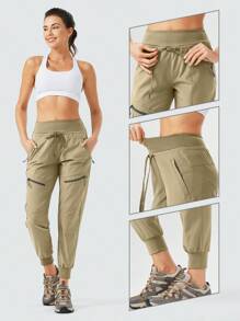 Women's Lightweight Hiking Joggers, Quick Dry Workout Pants With 5 Zipper Pockets For Running, Travel & Casual Wear - 落葉綠 - 查看 3