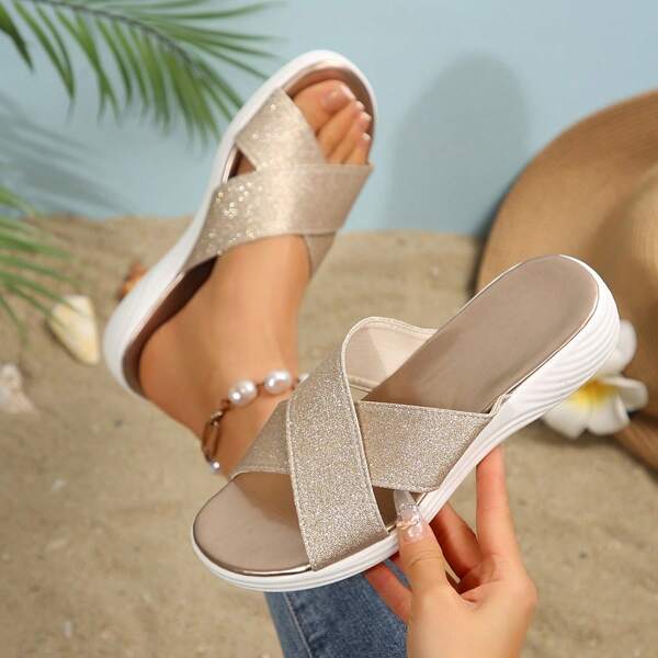 Sandalias cruzadas de mujer, nuevas para el verano 2025. Tallas grandes, de tacón bajo, ligeras, de moda casual, versátiles, de unicolor brillante, para fiesta, playa, casa, interior y exterior