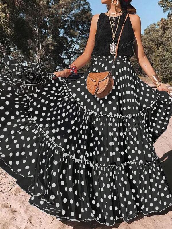Vacation Outfits Woman Fashionable Elegant Vacation Romantic Layered Clashing Polka Dot Wooden Ear Trim Women's Halter Skirt