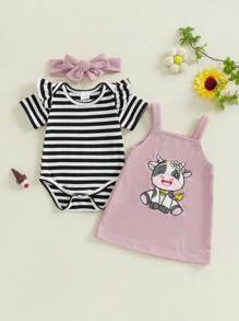 Baby 3Pcs Girl Summer Outfits Short Sleeve Romper + Cow Embroidery Suspender Skirt + Headband Set - Pink - View 1