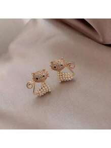 1 Pair Stylish Minimalist Rhinestone Cat Stud Earrings - Yellow Gold - View 3