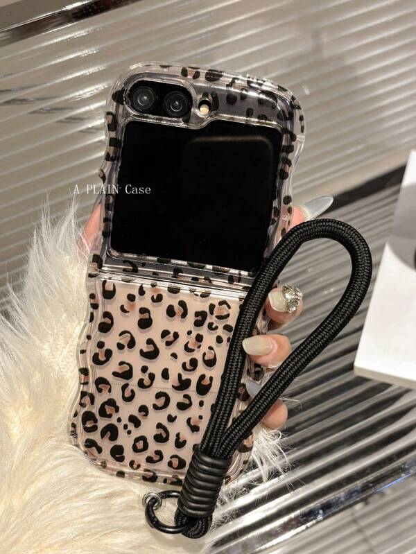 Funda de teléfono con correa de muñeca a juego con estampado de leopardo retro en olas marrones, compatible con Samsung Galaxy Z Flip 6, Z Flip 5, Z Flip 4, Z Flip3, resistente a golpes
