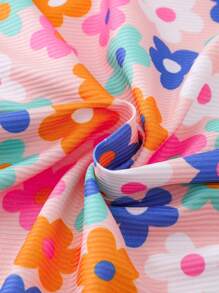 3 件套年轻女孩休闲罗纹露肩连衣裙，粉色、紫红色、花朵印花，适合派对、休闲、旅行、家居服、夏季 - 彩色 - 查看 6