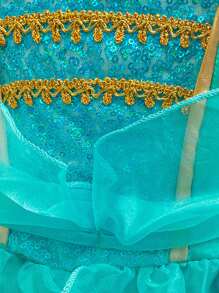 Young Girls' Off Shoulder Green Princess Style Jumpsuit, Suitable For Party