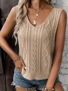 Plus Size Women V-Neck Sleeveless Ribbed Casual Vest Tank Top, Lightweight Breathable, Suitable For Spring And Summer - Khaki - View 5