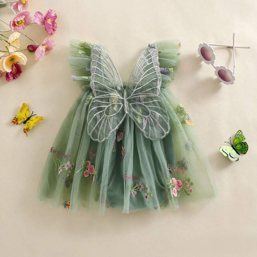 Toddler Baby Girl Halloween Fairy Costume Butterfly Wing Tulle Fairy Romper Dress Birthday Tutu Dress Princess Dress - 綠色 - 查看 1