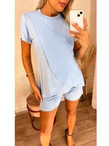 CONJUNTO FEMININO VERÃO BLUSA TRANSPASSADA/CRUZADA/ MULLET E SHORT EM VISCOLYCRA - Azul bebê - Visão 2