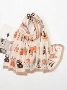 1 件女式波西米亚风格流苏猫印花围巾披肩