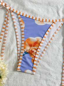 Braguitas de bikini con estampado de orquídeas rosas, con lazos laterales, sexy, adecuado para el uso en vacaciones de playa de chicas - Amarillo - Ver 4