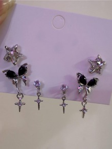 6pcs Retro Stylish Black Butterfly, Crystal, Star Design Earring Set, Gift For Girls, Party Favor - one-size - View 1