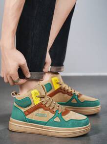 Męskie codzienne, kontrastowe, patchworkowe, nadrukowane litery z przodu, sznurowane, wysokie, płaskie trampki, modne, lekkie, sportowe buty na platformie zwiększające wysokość