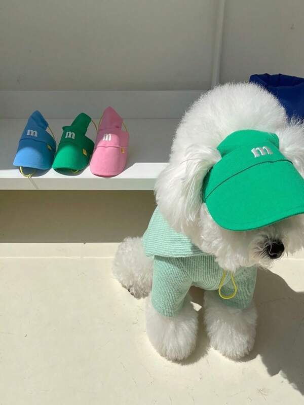 1pc M Logo Pink Dog Ear Summer Sun Hat, Adjustable Breathable Pet Cap With M Embroidery For Small And Medium Dogs And Cats