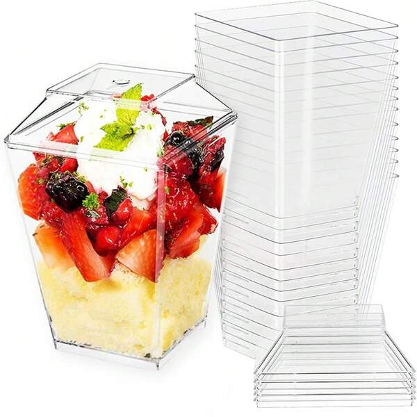 10/20/30PCS Dessert Cups Per Pack, 150 Ml 5 Oz Dessert Cups With Spoons And Lids, Plastic Dessert Bowls, DIY Reusable Square Dessert Cups, Cake Molds For Desserts, Puddings, Mousses, Ice Cream, Picnics, Parties