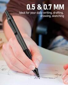 Four Candies 2PCS Metal Mechanical Pencils Set With Case, 0.5mm & 0.7 Mm Artist Pencil With 6 Tubes (360PCS) HB Lead Refills, 3 Erasers,9 Eraser Refills For Writing Drafting, Drawing, Black