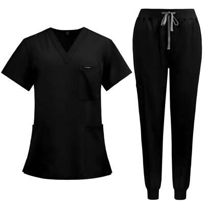 2pcs Elegant Nurse Set, Short Sleeve V-Neck Blouse And Drawstring Waist Pants, Ladies Nurse Scrub Uniform