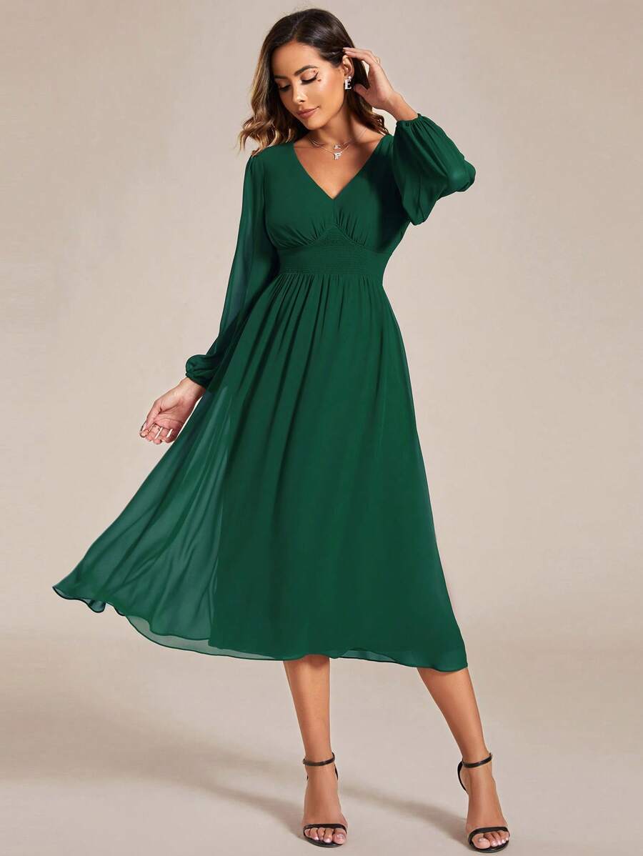 Rochii elegante de domnisoare de onoare verde închis, cu mânecă lungă, cu talie strânsă, din șifon, Rochie pentru invitați de nuntă - Verde inchis - Vizualizare 1
