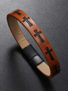 1pc Men's Fashionable Punk Style Faux Leather Cross Magnetic Bracelet - Casual Fashionable Accessory