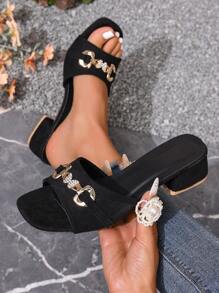 Women's Square Toe Chunky Heel Strap Slides, Fashionable Outdoor Slimming Mid-Heel Sandals - Black - View 2